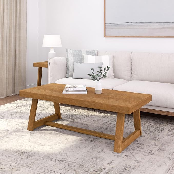 Plank+Beam Classic Rectangular Coffee Table, 54 Inch Farmhouse Coffee Table, Center Table, Small Living Space Tea Table, Pecan Wirebrush