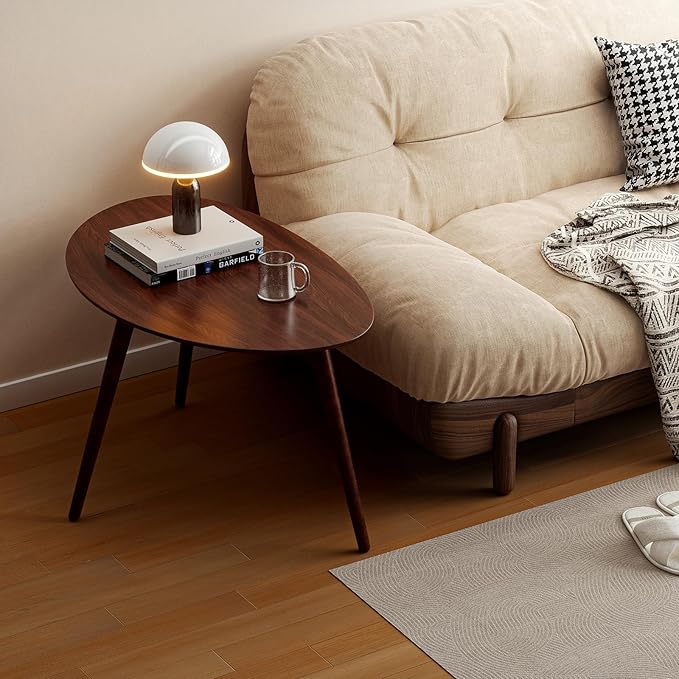Small Oval Coffee Table, 25.6'' Small Mid Century Modern End Table for Living Room, 100% Solid Oak Wood Side Table, Minimalist Display Center Table(Walnut Color, 25.59''Wx17.51''Dx19.68''H)