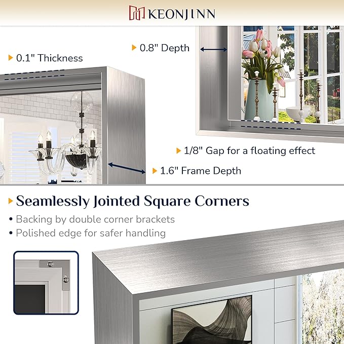 Keonjinn 72 x 36 in Brushed Nickel Mirror for Bathroom Sink, Rectangular Metal Framed Vanity Wall Mirror Square Corner Aluminum Alloy Modern Rectangle Silver Mirror for Over Sink(Horizontal/Vertical)