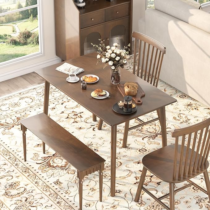 100% Solid Wood Rectangular Dining Table - 47.2" Mid Century Modern Kitchen Table, Wooden Dining Tables Seats 2-4 People，Small Farmhouse Rectangle Desk for Dining Room, Kitchen, Living Room (Walnut)
