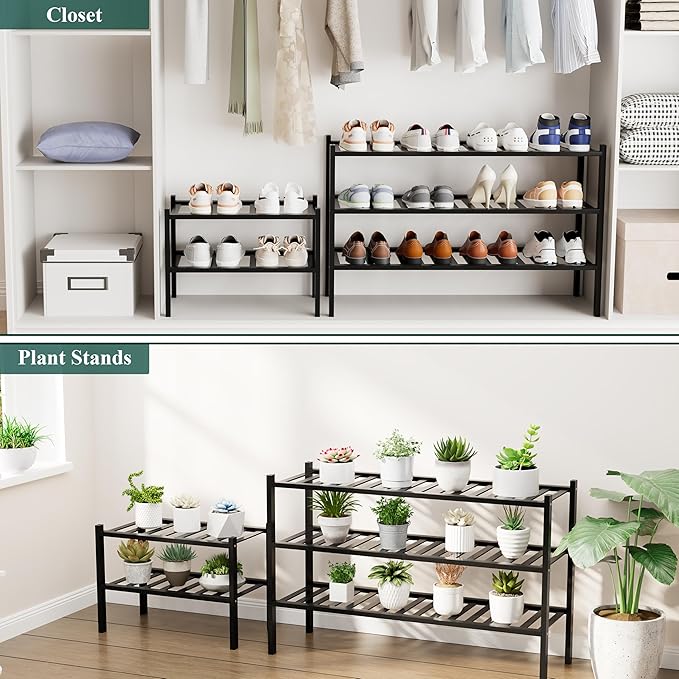 Smiry Shoe Rack, 3 Tier Small Bamboo Shoe Organizer, Stackable Free Standing Wooden Shoe Storage Shelf for Closet, Entryway, Front Door Entrance, Black