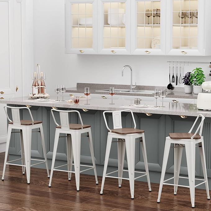 30 Inch Swivel Bar Stools Set of 4 with Backs Counter Height Industrial Metal Barstools Island Bar Chairs for Home Kitchen Dining Room (Swivel 30 inch, White Wooden)