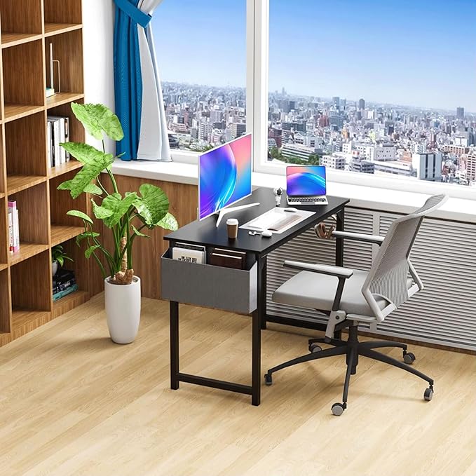 40 Inch Desk Office with Storage, Modern Simple Style Gaming Computer Table for Youth Student Adult, Metal and Wood Home Office Furniture, Black