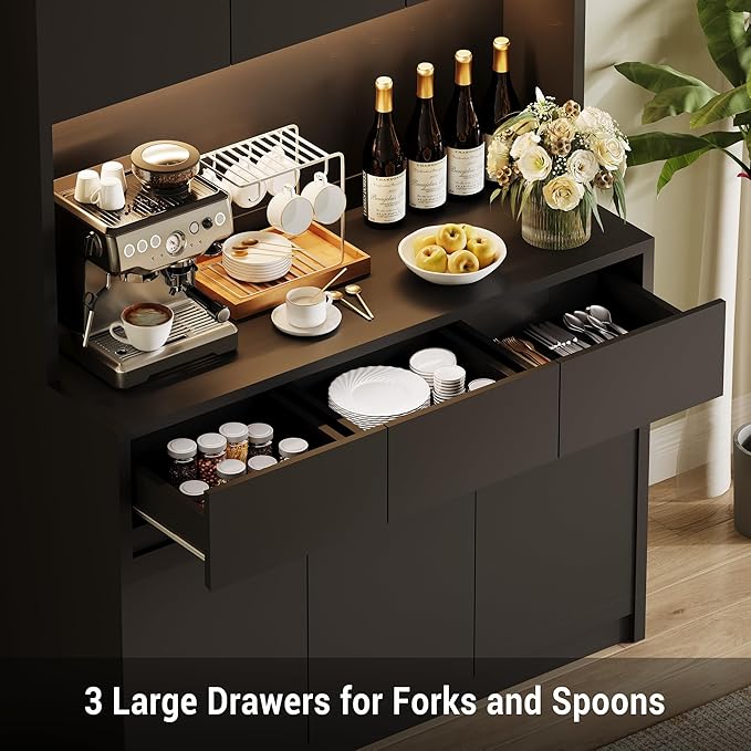 Garvee Kitchen Pantry Storage Cabinet, Tall Storage Cabinet with Doors and Shelves, Kitchen Storage Hutch with Microwave Stand, Led Lights and Charging Station,Corner Pantry Cabinet,Black