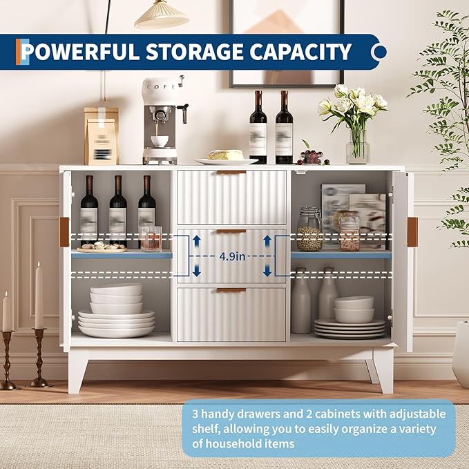 Garvee 47.2" Fluted Buffet Cabinets with Storage, Sideboard Storage Cabinet with 3 Drawers and 2 Doors, Modern Mid Century TV Stand Coffee Bar Furniture for Living Room, Kitchen, Entryway- White