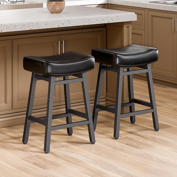 Counter Height Bar Stools Set of 2, 24 Inch Backless BarStools for Kitchen Island Leather Saddle Bar Chairs Kitchen Stools with 4" Thick Seats & Heavy Duty Metal Base, Black