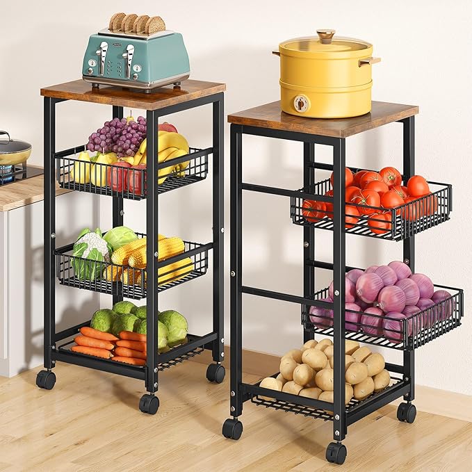 SNTD Fruit Basket Vegetable Stand for Kitchen Pantry, Pull Out Metal Wire Basket with Wood Top for Fruit Vegetable Onions Potatoes Snacks