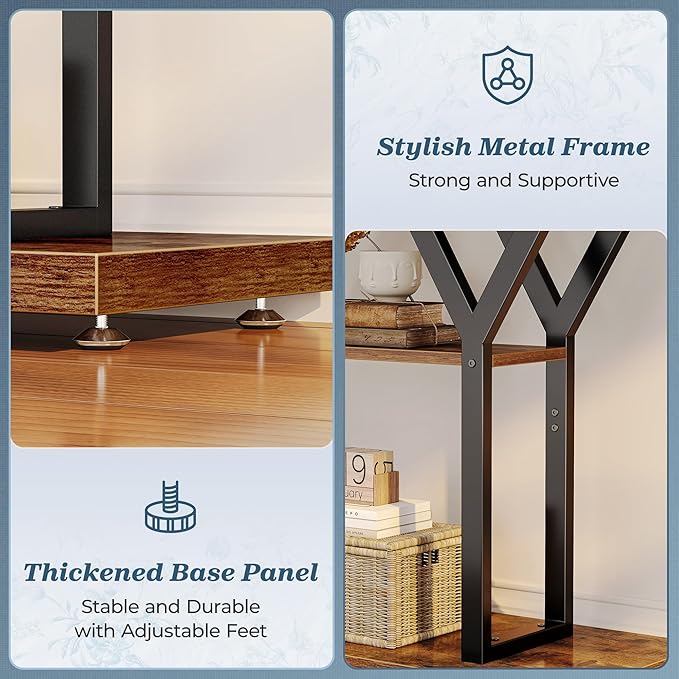 Huuger 47.2 Inch Entryway Table, Industrial Console Sofa Table, 3 Tier Accent Table, for Entry, Hallway, Entrance, Foyer, Y-Shaped Metal Base, Rusitc Brown