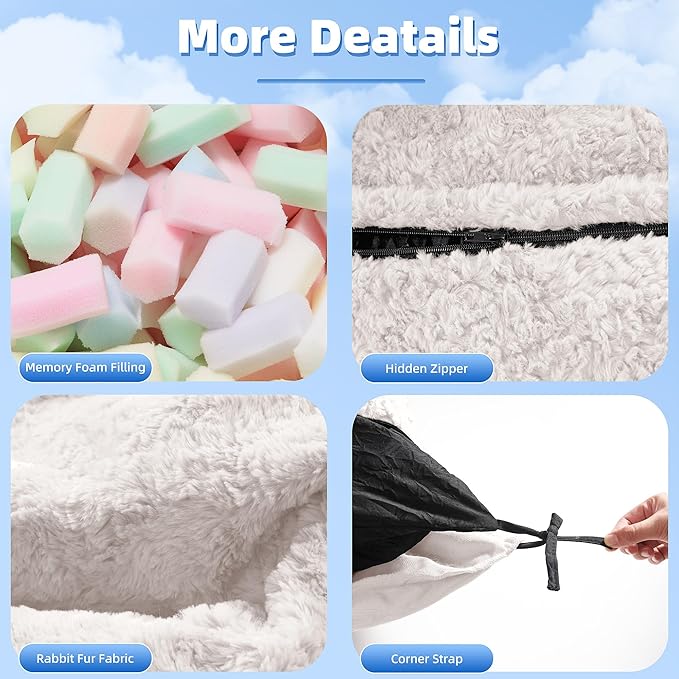 HABUTWAY 4 in 1 Bean Bag Chair, Giant Memory Foam Filling Bean Bag Sofa, Adult Bean Bag Chair, Machine Washable Faux Fur Cover, Bean Bag for Adult (White)