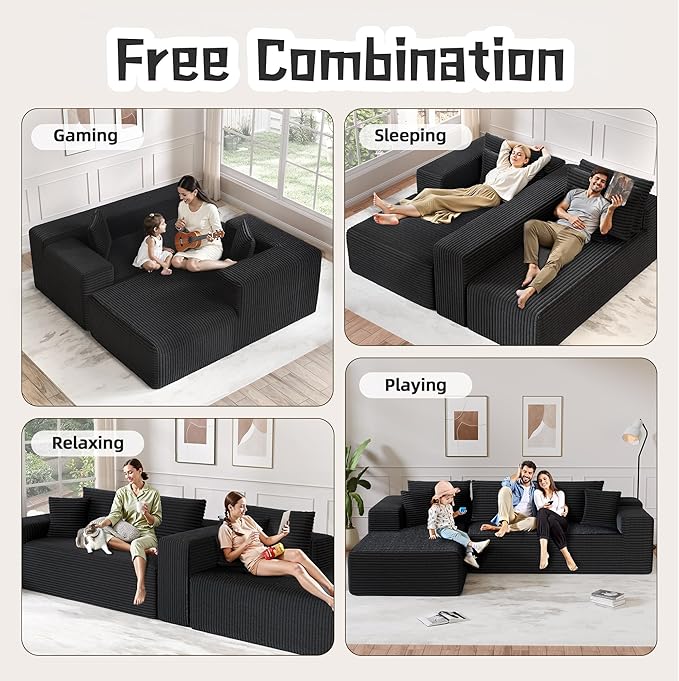 Cloud Sectional Couch, 104”L-Shape Large Oversized Sofa with Left Chaise Lounge, Modular Sleeper Couch with Pillows & Deep Seat, Flannel Velvet Compressed Sofa for Living Room, Black