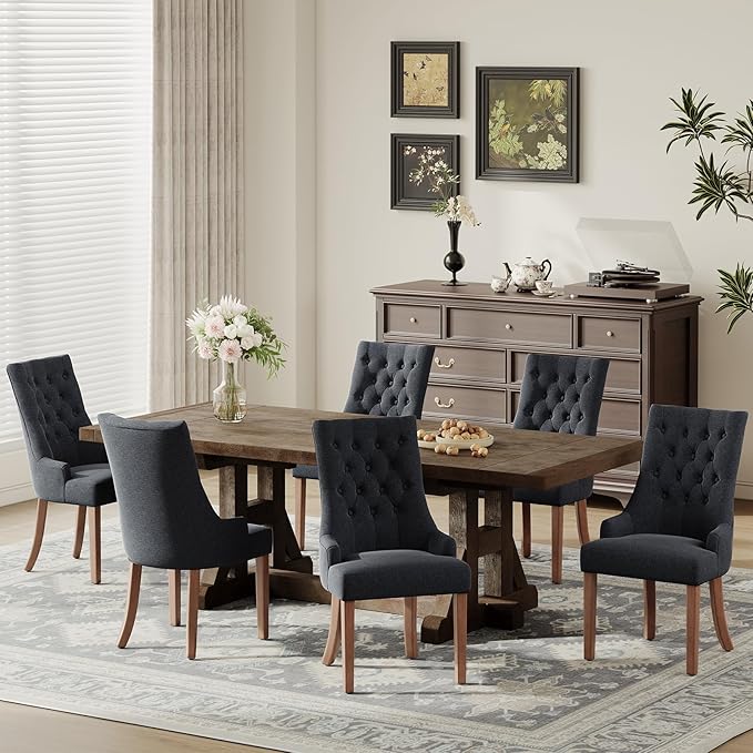 COLAMY Wingback Upholstered Side Dining Room Chairs Set of 2, Fabric Dining Chairs with Tufted Button, Living Room Chairs for Home Kitchen, Black