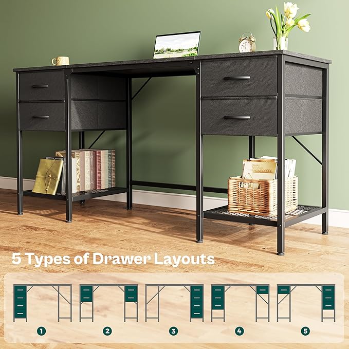 Huuger 63 Inch Computer Desk with 4 Drawers, Mesh Shelf, Gaming, Large Storage, Writing Work Desk for Home, Study, Bedroom, Work from Home, Black