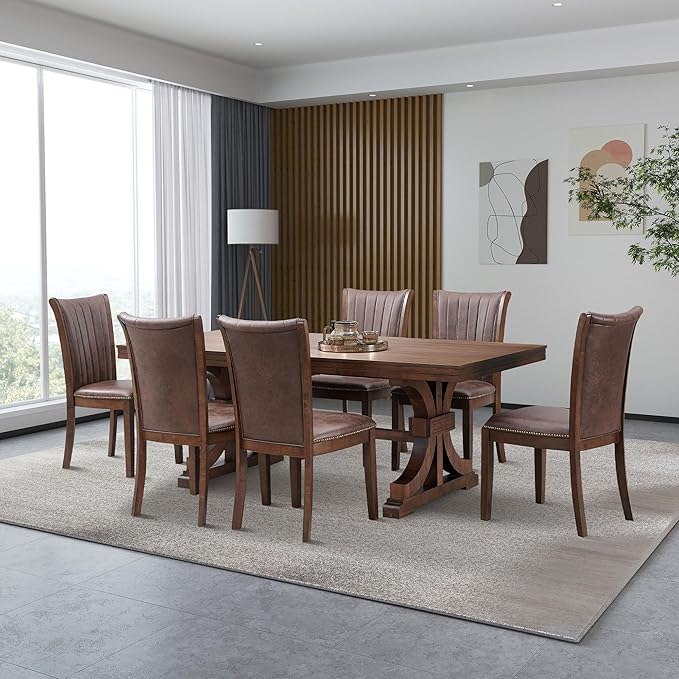 KEIKI Retro 7-Piece Wooden Dining Table Set for 6 Person, Mid-Century Style Table Set with Rectangular MDF Table and 6 Faux Leather Upholstered Chair, Easy Assembly, for Kitchen, Dining Room, Oak