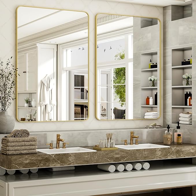 30 x 48 Inch Bathroom Mirror, Rounded Rectangular Vanity Mirror for Wall, Modern Mirror for Room Decor, Gold Framed Wall-Mounted Mirrors for Home Decor, Hangs Horizontally or Vertically