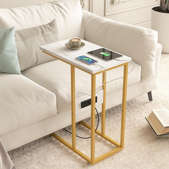 VECELO C Shaped End Side Table with Charging Station & Power Outlets for Couch Sofa/Bed Snack TV Tray with Metal Frame for Living Room Bedroom 2 Set, Gold
