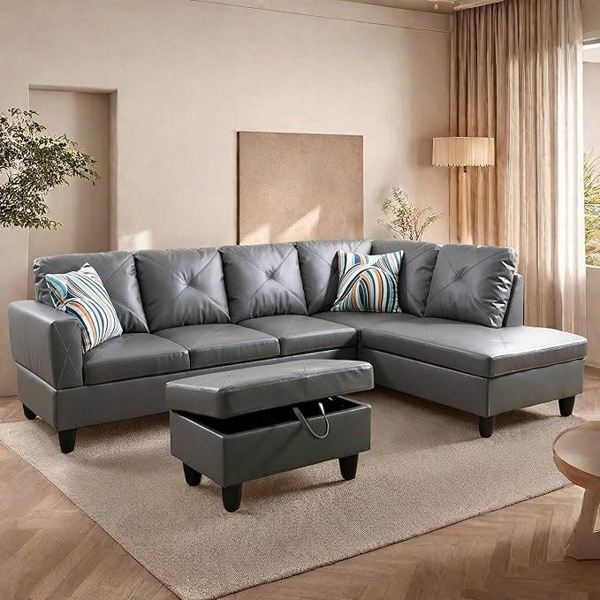 L Shaped Sectional Couches, Leather Modular Sectional Sofa with Ottoman Storage, Modern Lounge Sofa with Chaise for Living Room, Bedroom, Small Spaces, Gray