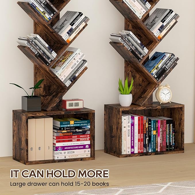 6 Tier Tree Bookshelf, Sturdy Retro Floor Standing Wood Bookcase, Storage Rack for Home Office, Living Room, Bedroom, Reading Spot, Heavy Book Organizer Shelves for CDs/DVDs/Movies