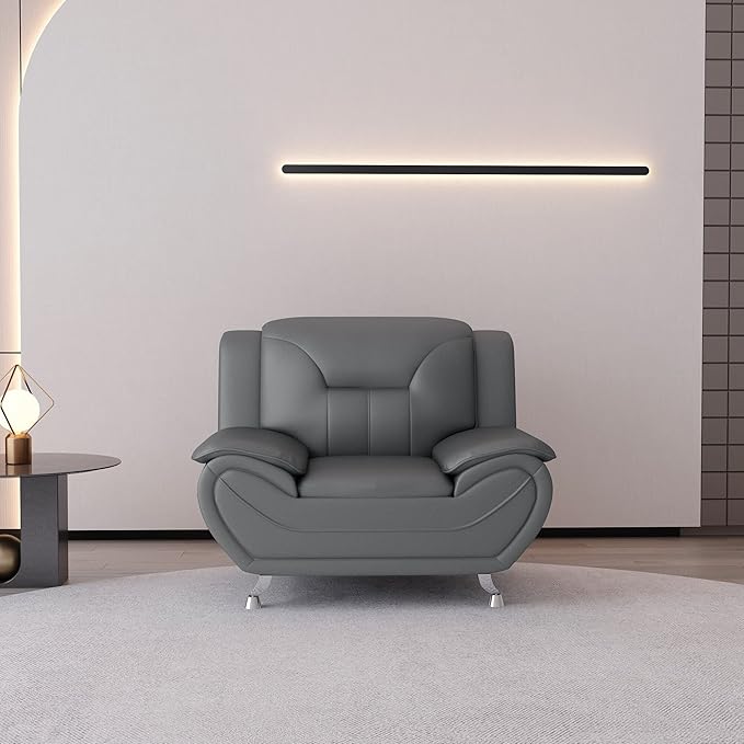 Container Furniture Direct Michael Modern Faux Leather Upholstered Stainless Steel Legs Living Room Sofa, Chair, Sleek Gray