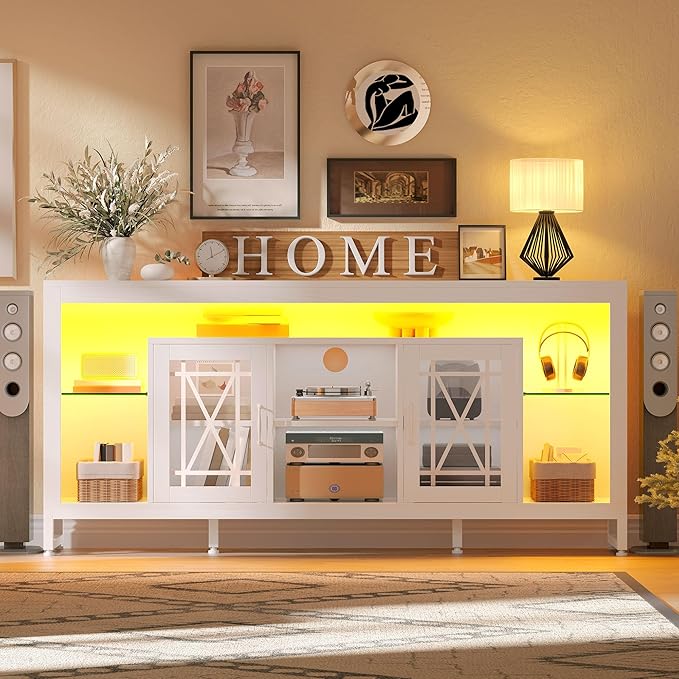 YITAHOME 33.5'' Tall TV Stand for 75 inch TV, LED Entertainment Center with Storage, Black TV Stands for Living Room with Acrylic Doors & Power Outlets, Tall TV Console Cabinet, White