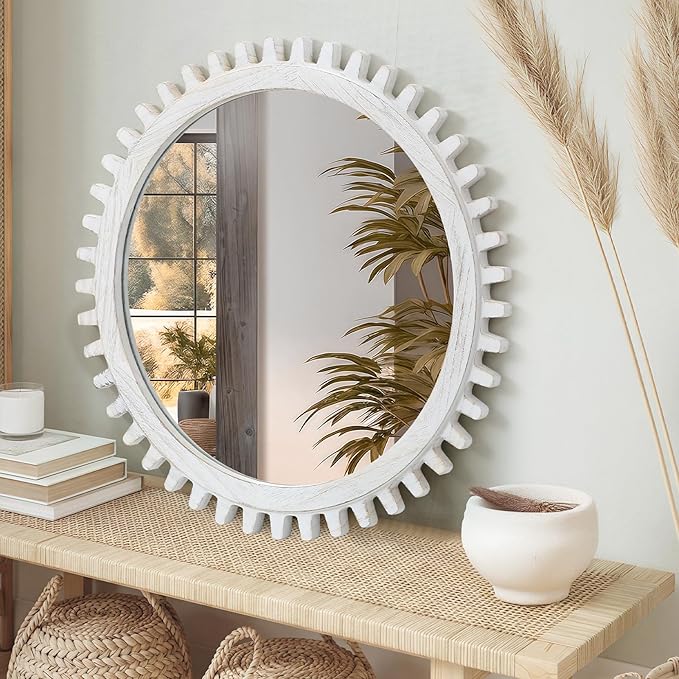 ULIKE Round Wood Mirror, 24 Inch Rustic Farmhouse Circle Mirror with Wooden Frame, Mordern Wall Decor for Bathroom Nursery Bedroom Living Room Entryway, White