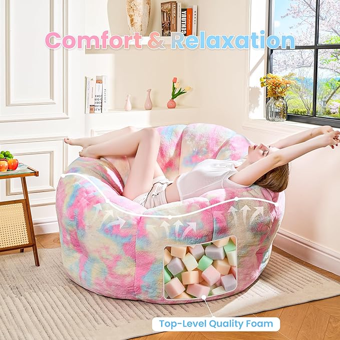 Giant Bean Bag Chair, Faux Fur Adult Chair with Petal Armrest Oversize Colorful Chair for Bedroom, Living Room, Dorm, Game - Rainbow, X-Large, High Support