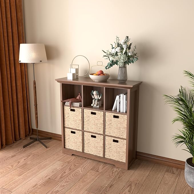 Cube Shelf Bookcase with Base - Wooden 3 Tiers Floor Standing Low Storage Cabinet for Home and Office, 9-Cube Lattice Bookshelf, Walnut