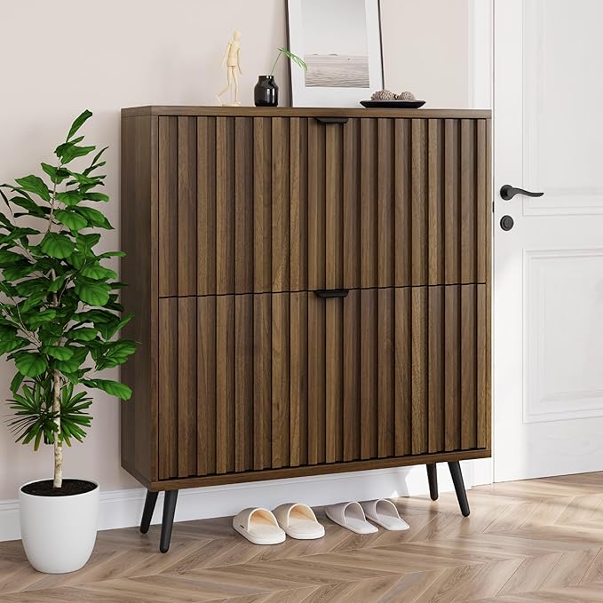 Smuxee Shoe Cabinet with 2 Flip Drawers, 31.5" Walnut Hidden Shoe Storage Cabinet with Fluted Design, Freestanding Shoe Organizer Cabinet for Entryway, Hallway, Closet, Living Room