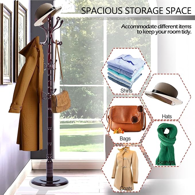 Coat Racks Free Standing with 14 Hooks, Natural Wood Coat Stands for Entryway, Adjustable Height 72 in Tree Coat Rack Stand for Hallway Home Office Bedroom (Mahogany Ruyi)
