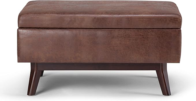 SIMPLIHOME Owen 34 inch Wide Mid Century Modern Rectangle Coffee Table Storage Ottoman in Distressed Saddle Brown Vegan Faux Leather, Assembled, For the Living Room, Entryway and Family Room