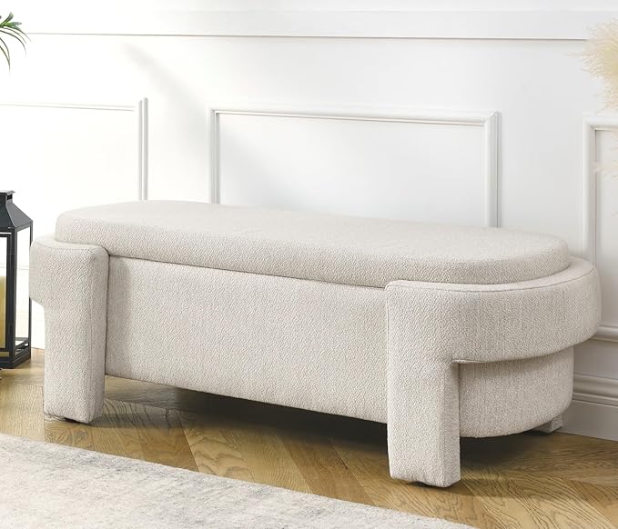KEIKI 51" Linen Ottoman Bench with Large Storage Space, Upholstered Seating Foot Rest Stool Furniture for Bedroom, Living Room, Entryway, Beige