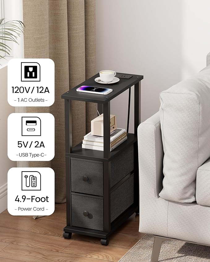 TUTOTAK Small Narrow End Tables, LED Side Tables with 2 Fabric Drawers, Set of 2, Bedside Tables with Charging Station for Small Spaces, Slim Nightstands with USB Ports and Wheels, TB01BK053L