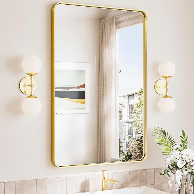 TokeShimi 24x36 Brushed Gold Bathroom Mirror,Wall Mirror for Bathroom with Tempered Glass,Gold Bathroom Vanity Mirror for Over Sink,Aluminum Framed Mirror(Horizontal/Vertical)