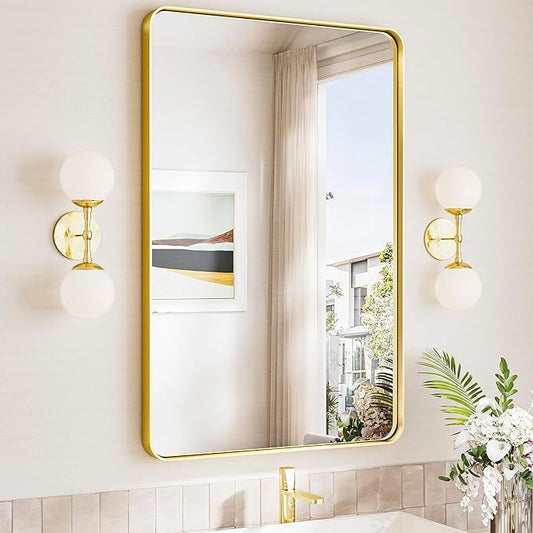 TokeShimi 24x36 Brushed Gold Bathroom Mirror,Wall Mirror for Bathroom with Tempered Glass,Gold Bathroom Vanity Mirror for Over Sink,Aluminum Framed Mirror(Horizontal/Vertical)