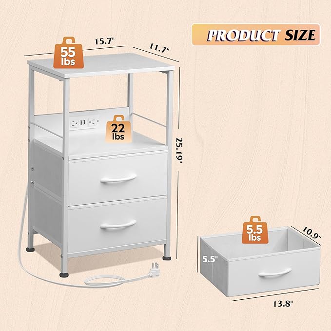 WLIVE White Night Stand with Charging Station, LED Nightstand with 2 Fabric Drawers and Storage Shelf, Dorm Bedside Table End Table with 2 USB Ports and Outlets, Small Dresser for Bedroom, Living room