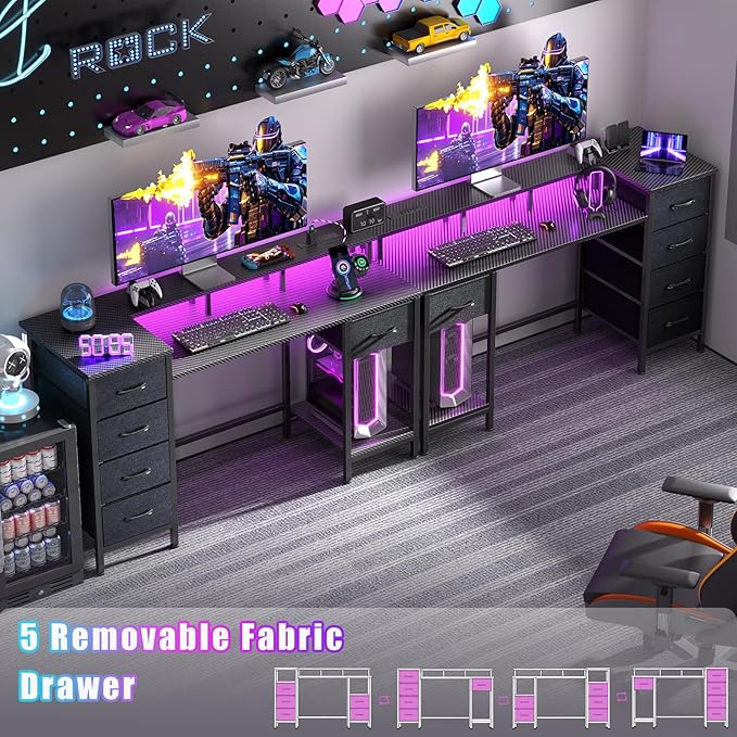 47 Inch Computer Gaming Desk with Power Outlets & LED Lights Reversible Home Office Desk with Adjustable 5 Fabric Storage Drawers for Working Writing Study, Carbon Fiber Black