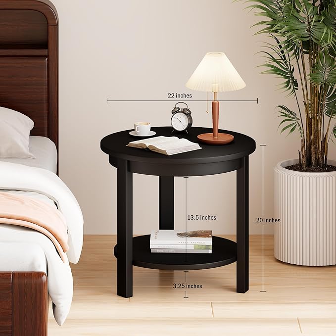 Small Round Wood Coffee Table with Storage Shelf, Living Room Side Table for Couch Sofa, 22 x 20 Inches, 3-Tier Mid Century Modern Wooden End Table for Bedroom, Black
