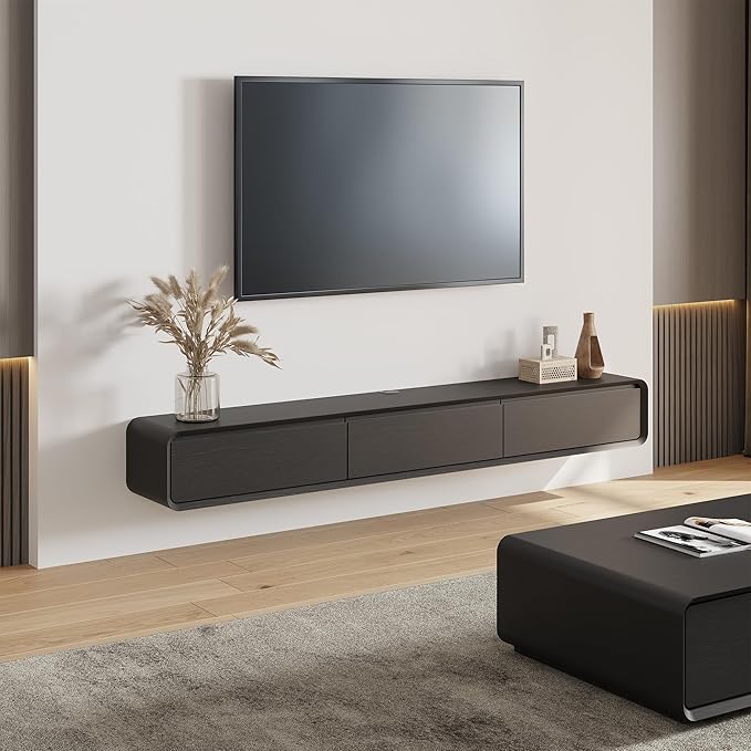 Fully-Assembled Minimalist Floating TV Stand, Modern Wall-Mounted Entertainment Center with 3 Flip-Down Cabinet Doors, Solid Wood, Black Oak, 78"