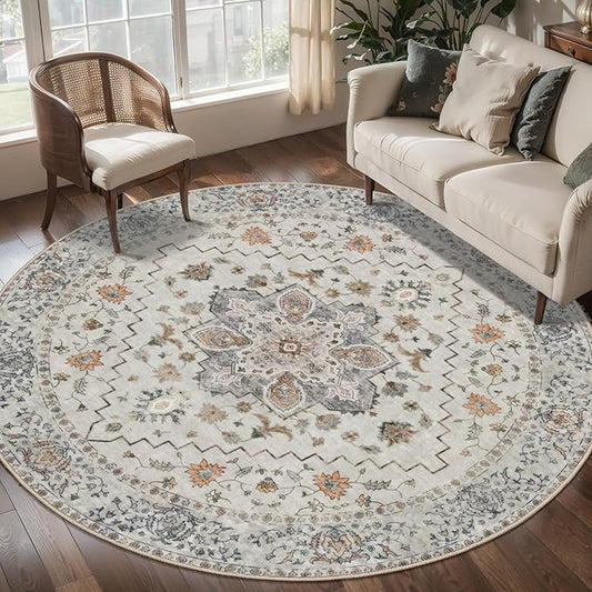 Tangsoo Vintage Round Rug 6ft,Washable Circle Rug, Non Slip Boho Round Area Rug,Low Pile Circular Rugs,Large Round Rugs Carpet for Livingroom,Bedroom,Nursery,Dorm,Office,Taupe