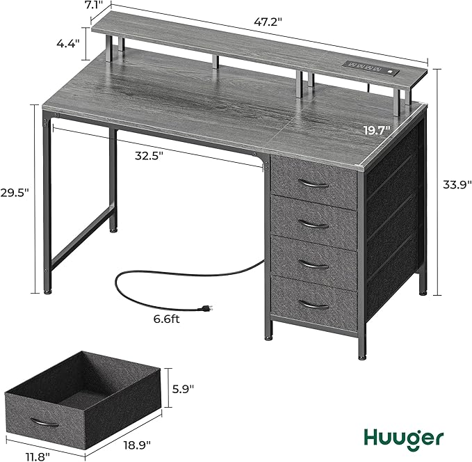 Huuger 47 Inch Computer Desk with Power Outlets and LED Lights, Gaming Desk with 4 Drawers, Office Desk with Monitor Stand, Study Desk Work Desk for Home Office, Small Spaces, Gray