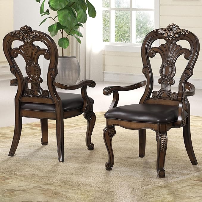 Furniture of America Anatole Traditional Arm Chairs Set of 2, Comfortable Upholstered Seating with Ornate Corbels, Gold Tip Crown Molding and Backrest for Dining Room and Living Room, Dark Brown