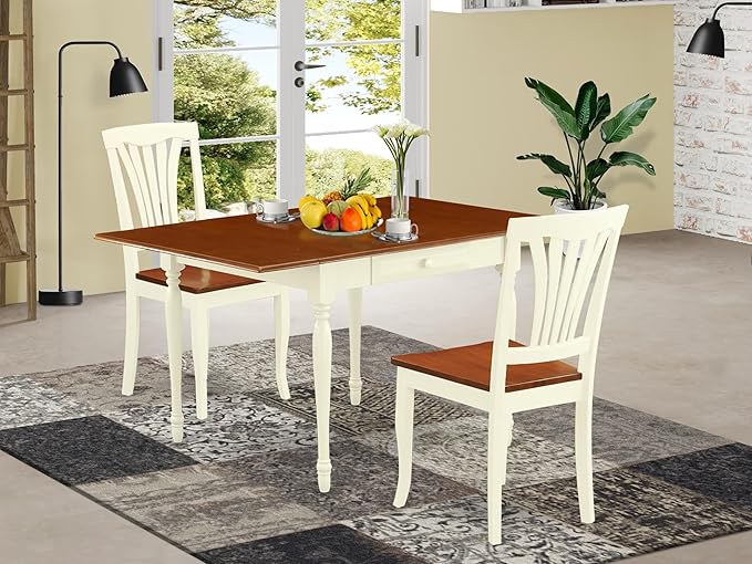 East West Furniture MZAV3-WHI-W 3 Piece Dining Table Set for Small Spaces Contains a Rectangle Dining Room Table with Dropleaf and 2 Wood Seat Chairs, 36x54 Inch, Buttermilk & Cherry