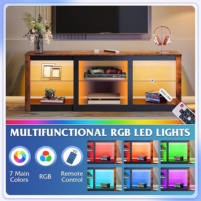 WLIVE LED TV Stand for 65 Inch TV, Modern Entertainment Center with Adjustable Glass Shelves & Customizable LED Lights, Sturdy Media Console for Living Room, Bedroom,Gaming (Brown)