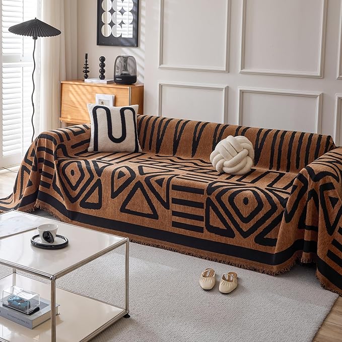 HANDONTIME Boho Geometric Couch Covers for Sofa Pet Friendly Brown and Black Sofa Covers Washable Chenille Couch Blanket Cover for 1 2 Cushion Couches Pet Protector Furniture Cover Soft, 71" X 102"