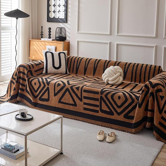 HANDONTIME Boho Geometric Couch Covers for Sofa Pet Friendly Brown and Black Sofa Covers Washable Chenille Couch Blanket Cover for 2 3 Cushion Couches Pet Protector Furniture Cover Soft, 71" X 118"