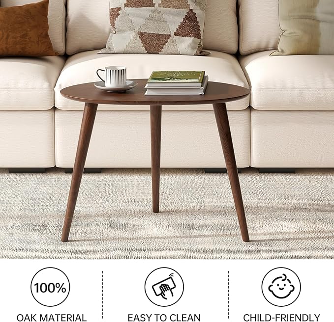 Small Oval Coffee Table, 25.6'' Small Mid Century Modern End Table for Living Room, 100% Solid Oak Wood Side Table, Minimalist Display Center Table(Walnut Color, 25.59''Wx17.51''Dx19.68''H)