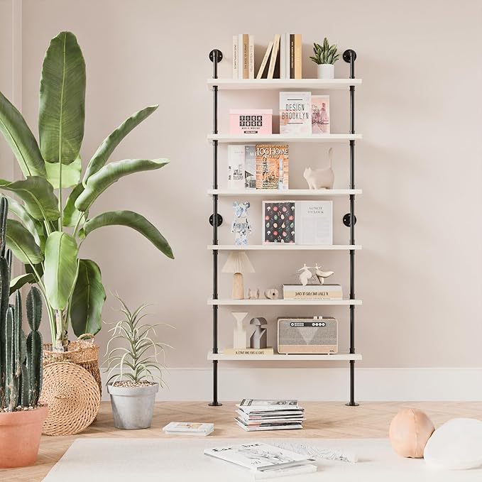 6 Tier Industrial Ladder Shelf Bookcase, Wall Mounted Rustic Bookshelf for Living Room Decor and Storage (White, 6 Tier - 10" D x 36" W x 82.5" H)