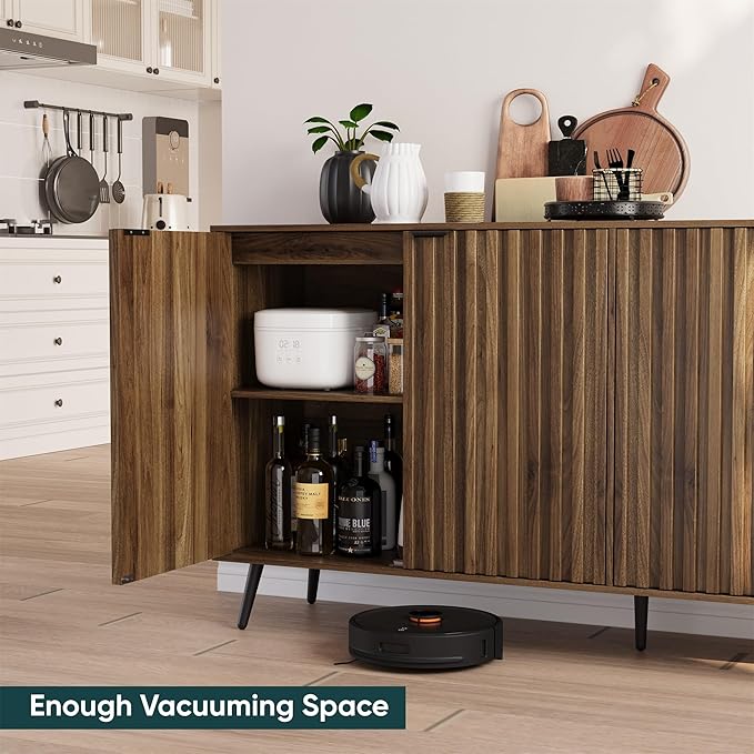 Semiocthome Walnut Buffet Cabinet with Storage, Large Sideboard Cabinet with 4 Fluted Doors and Metal Legs, Storage Cabinet with Adjustable Shelf, Accent Table for Living Room, Dining Room, Kitchen
