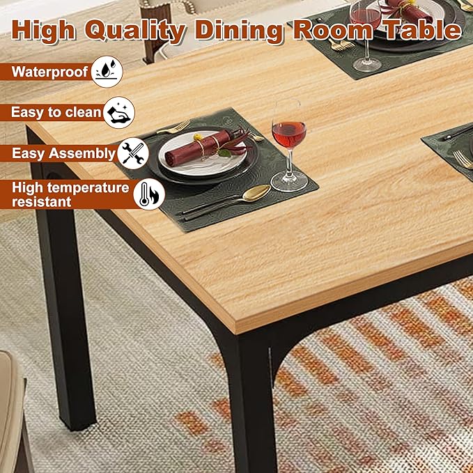 Rectangular Dining Table for 6-8, 78-Inch Modern Dinner Table Wooden Kitchen Tables with Metal Frame for Dining Room, Kitchen, Living Room, Light Walnut