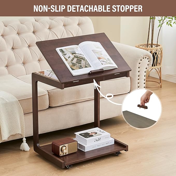 CozyDH Adjustable C Shaped End Table, Rolling Side Table Solid Wood TV Sofa Tray Table for Couch Arm Eating Multi-Purpose, Small Coffee Table with Wheels Living Room Bedroom, Dark Walnut