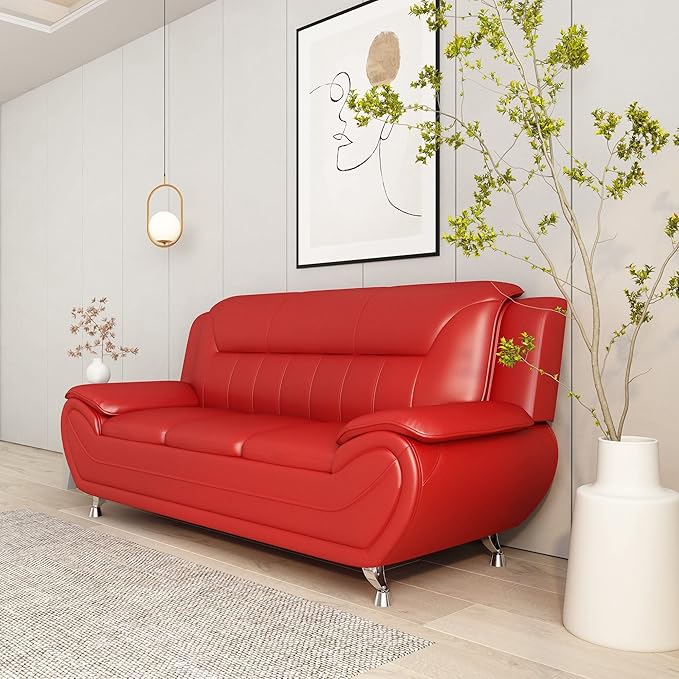 Container Furniture Direct Michael Modern Faux Leather Upholstered Stainless Steel Legs Living Room, Chair, Loveseat, Sofa, Black Camel